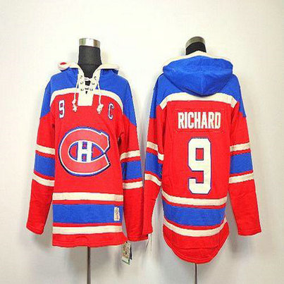 Youth Canadiens #9 Maurice Richard Red Sawyer Hooded Sweatshirt Stitched NHL Jersey