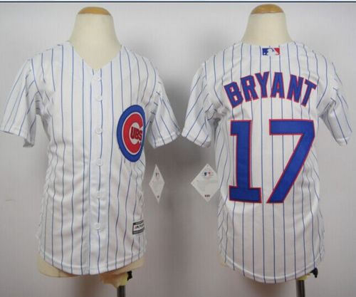 Youth Chicago Cubs 17 Kris Bryant White(Blue Strip) Cool Base Baseball Jersey