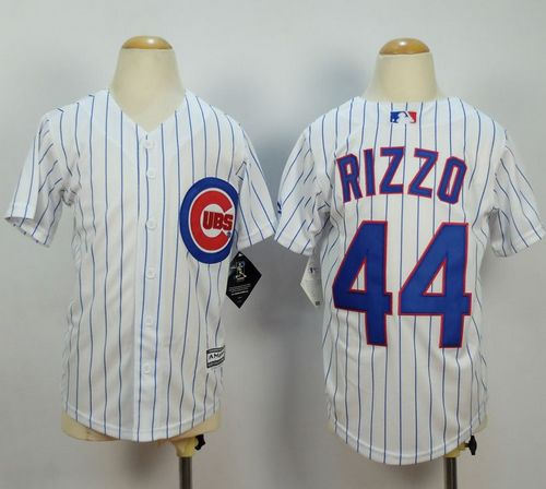 Youth Chicago Cubs 44 Anthony Rizzo White(Blue Strip) Cool Base Baseball Jersey