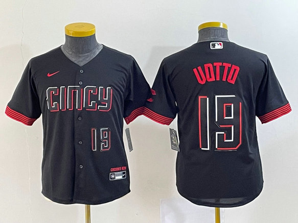 Youth Cincinnati Reds #19 Joey Votto Black 2023 City Connect With Patch Stitched Baseball Jersey