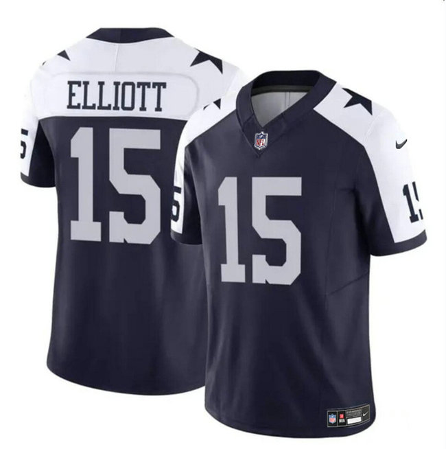 Youth Dallas Cowboys #15 Ezekiel Elliott Navy White 2023 F.U.S.E Thanksgiving Vapor Limited Stitched Football Jersey