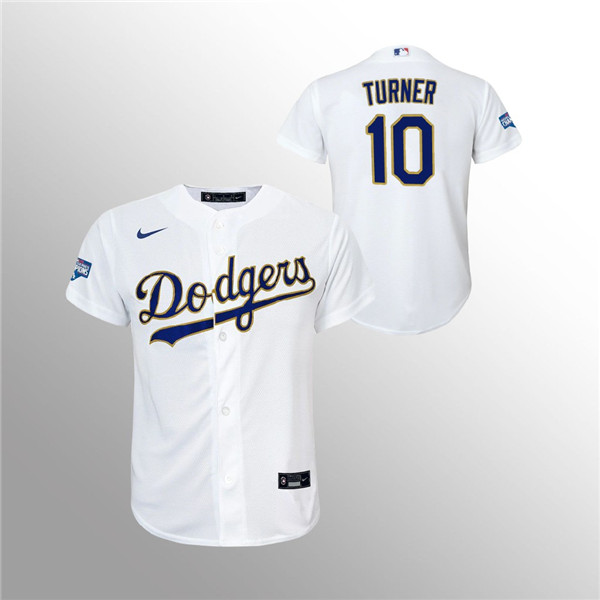 Youth Dodgers #10 Justin Turner White 2021 Gold Program Replica Jersey