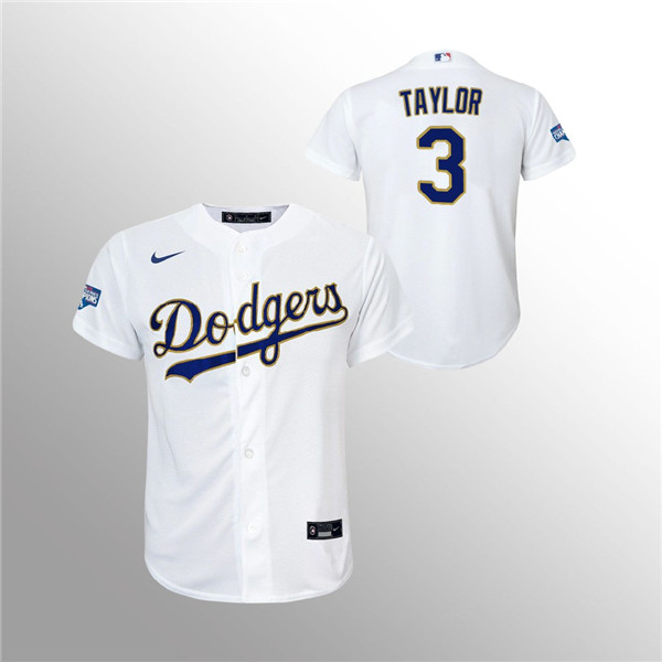 Youth Dodgers #3 Chris Taylor White 2021 Gold Program Replica Jersey