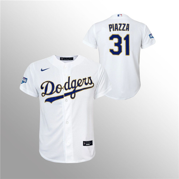 Youth Dodgers #31 Mike Piazza White 2021 Gold Program Replica Jersey