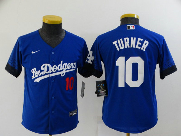 Youth Dodgers 10 Justin Turner Royal Youth 2021 City Connect Flexbase Jersey