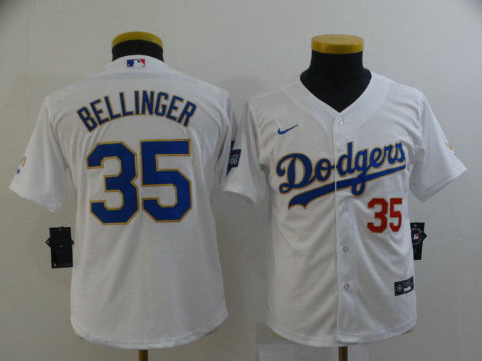 Youth Dodgers 35 Cody Bellinger White Youth Nike 2021 Gold Program Cool Base Jersey