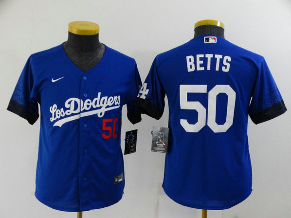 Youth Dodgers 50 Mookie Betts Royal Youth 2021 City Connect Cool Base Jersey