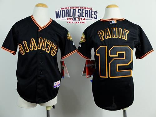 Youth Giants 12 Joe Panik Black Cool Base W 2014 World Series Patch Baseball Jersey