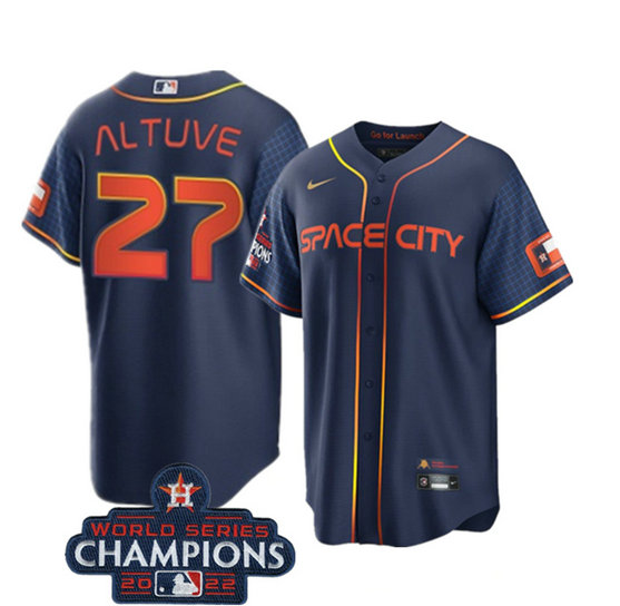 Youth Houston Astros #27 Jose Altuve Navy 2022 World Series Champions City Connect Stitched BaseballJersey