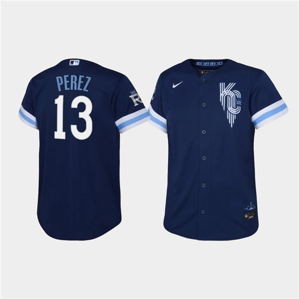 Youth Kansas City Royals #13 Salvador Perez 2022 Navy City Connect Stitched Baseball Jersey