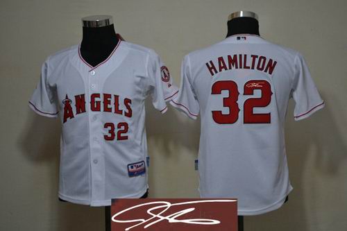 Youth Los Angeles Angels 32# Josh Hamilton white signature jerseys
