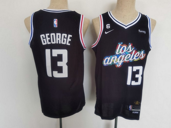 Youth Los Angeles Clippers #13 Paul George 2022 23 Black With No.6 Patch City Edition Stitched Basketball Jersey