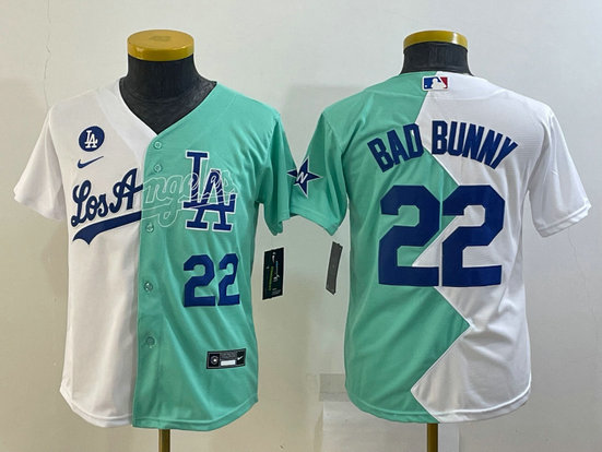 Youth Los Angeles Dodgers #22 Bad Bunny White Green Two Tone 2022 Celebrity Softball Game Cool Base Jersey1