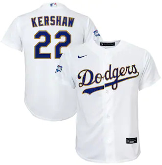 Youth Los Angeles Dodgers #22 Clayton Kershaw Nike White Gold 2021 Gold Program Player Jersey