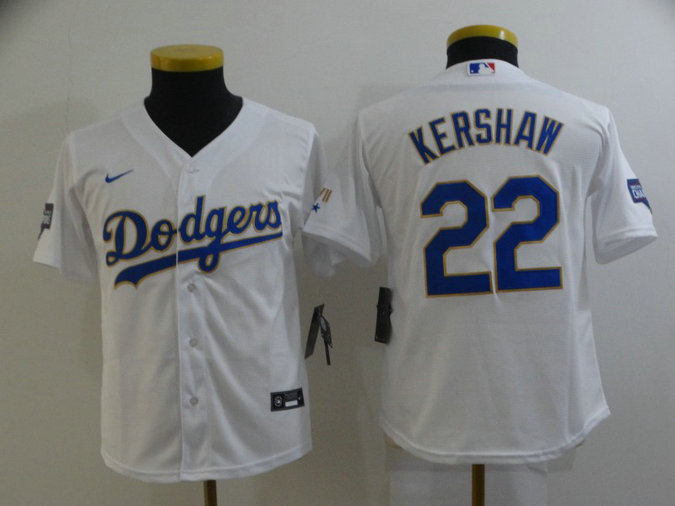 Youth Los Angeles Dodgers #22 Clayton Kershaw Nike White Gold 2021 Gold Program Player Jersey