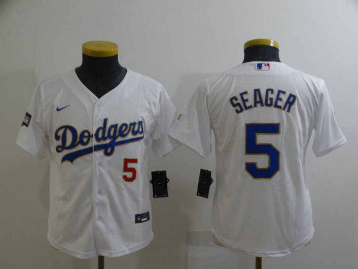 Youth Los Angeles Dodgers #5 Corey Seager Nike White Gold 2021 Gold Program Player Jersey