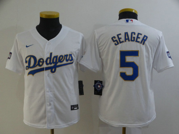 Youth Los Angeles Dodgers #5 Corey Seager Nike White Gold 2021 Gold Program Player Jerseys