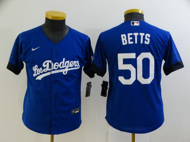 Youth Los Angeles Dodgers #50 Mookie Betts Blue 2021 City Connect Cool Base Stitched Jersey