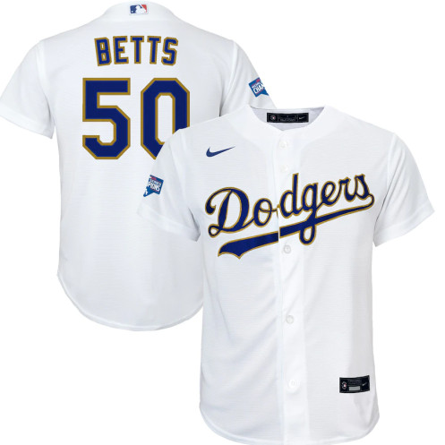 Youth Los Angeles Dodgers #50 Mookie Betts Nike White Gold 2021 Gold Program Player Jersey