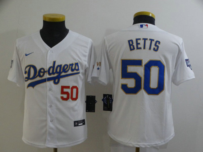 Youth Los Angeles Dodgers #50 Mookie Betts Nike White Gold 2021 Gold Program Player Jersey