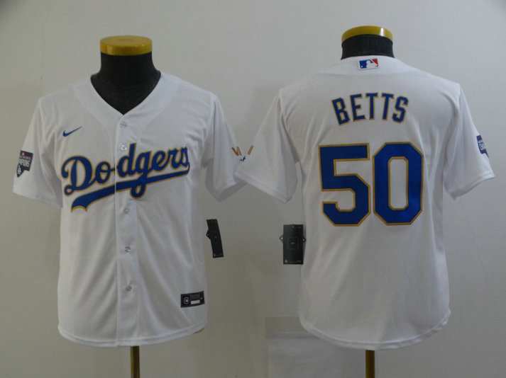 Youth Los Angeles Dodgers #50 Mookie Betts Nike White Gold 2021 Gold Program Player Jerseys