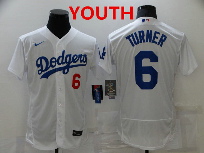 Youth Los Angeles Dodgers #6 Trea Turner White Stitched MLB Flex Base Nike Jersey