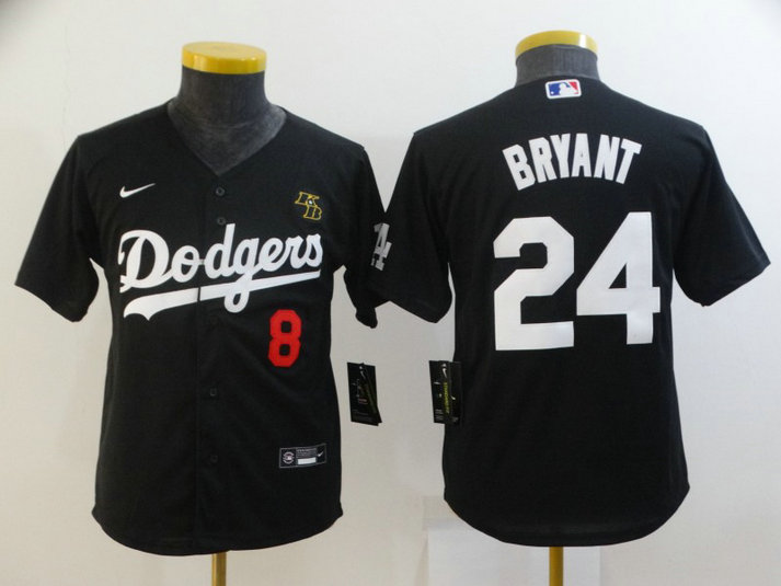 Youth Los Angeles Dodgers Front #8 Back #24 Kobe Bryant With KB Patch Black Cool Base Stitched MLB Jersey