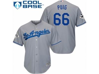 Youth Majestic Los Angeles Dodgers #66 Yasiel Puig Replica Grey Road 2017 World Series Bound Cool Base MLB Jersey