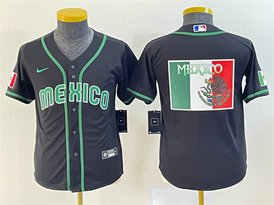 Youth Mexico Baseball 2023 Black Big Logo World Baseball Classic Stitched Jerseys 1