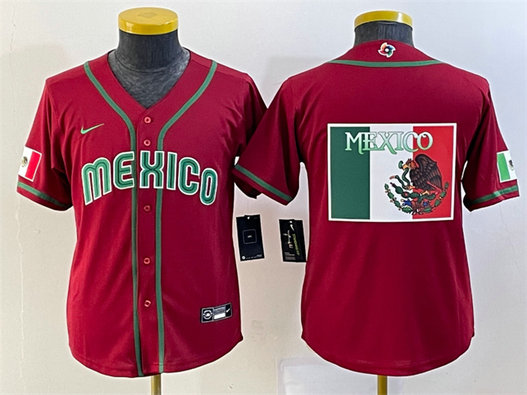 Youth Mexico Baseball 2023 Red Big Logo World Baseball Classic Stitched Jersey1