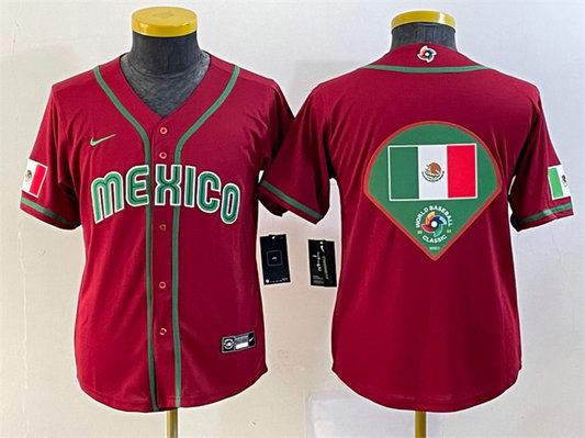 Youth Mexico Baseball 2023 Red Big Logo World Baseball Classic Stitched Jerseys 1