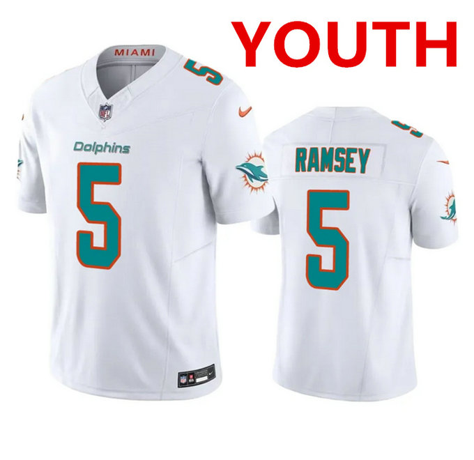 Youth Miami Dolphins #5 Jalen Ramsey White 2023 F.U.S.E Vapor Limited Stitched Football Jersey