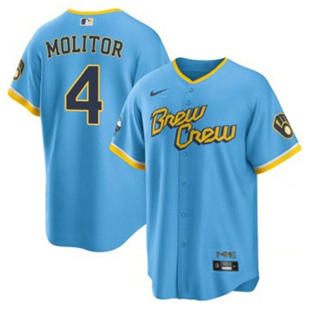 Youth Milwaukee Brewers #4 Paul Molitor 2022 Powder Blue City Connect Stitched Jersey
