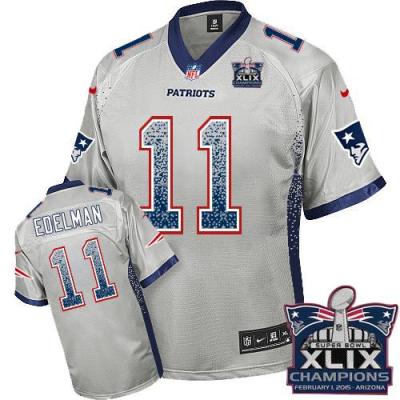 Youth New England Patriots 11 Julian Edelman Grey Super Bowl XLIX Champions Patch Stitched NFL Drift Fashion Jersey