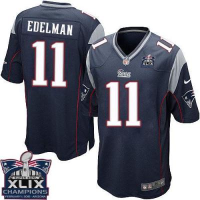 Youth New England Patriots 11 Julian Edelman Navy Blue Team Color Super Bowl XLIX Champions Patch Stitched NFL Jersey