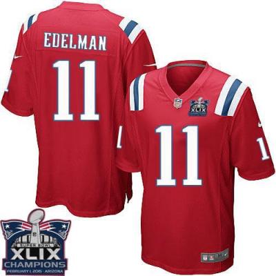 Youth New England Patriots 11 Julian Edelman Red Alternate Super Bowl XLIX Champions Patch Stitched NFL Jersey