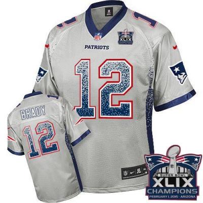 Youth New England Patriots 12 Tom Brady Grey Super Bowl XLIX Champions Patch Stitched NFL Drift Fashion Jersey