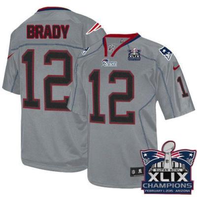 Youth New England Patriots 12 Tom Brady Lights Out Grey Super Bowl XLIX Champions Patch Stitched NFL Jersey