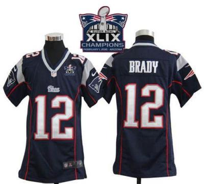 Youth New England Patriots 12 Tom Brady Navy Blue Team Color Super Bowl XLIX Champions Patch Stitched NFL Jersey