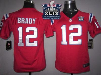 Youth New England Patriots 12 Tom Brady Red Alternate Super Bowl XLIX Champions Patch Stitched NFL Jersey