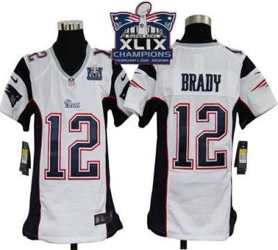 Youth New England Patriots 12 Tom Brady White Super Bowl XLIX Champions Patch Stitched NFL Jersey