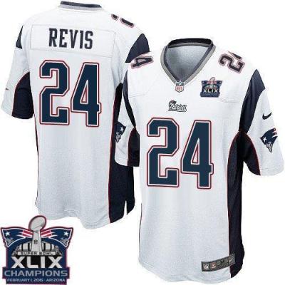 Youth New England Patriots 24 Darrelle Revis White Super Bowl XLIX Champions Patch Stitched NFL Jersey