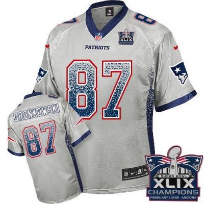 Youth New England Patriots 87 Rob Gronkowski Grey Super Bowl XLIX Champions Patch Stitched NFL Drift Fashion Jersey