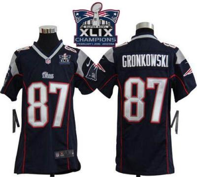 Youth New England Patriots 87 Rob Gronkowski Navy Blue Team Color Super Bowl XLIX Champions Patch Stitched NFL Jersey