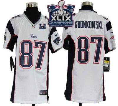 Youth New England Patriots 87 Rob Gronkowski White Super Bowl XLIX Champions Patch Stitched NFL Jersey