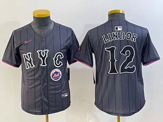 Youth New York Mets #12 Francisco Lindor Graphite 2024 City Connect Limited Stitched Baseball Jersey 12