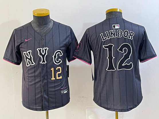 Youth New York Mets #12 Francisco Lindor Graphite 2024 City Connect Limited Stitched Baseball Jersey 2