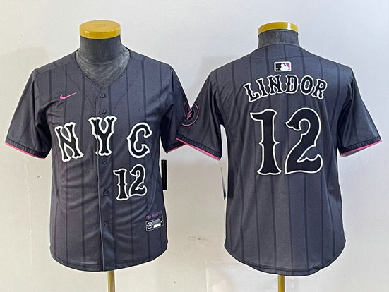 Youth New York Mets #12 Francisco Lindor Graphite 2024 City Connect Limited Stitched Baseball Jersey