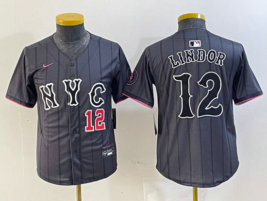Youth New York Mets #12 Francisco Lindor Graphite 2024 City Connect Limited Stitched Baseball Jersey 5