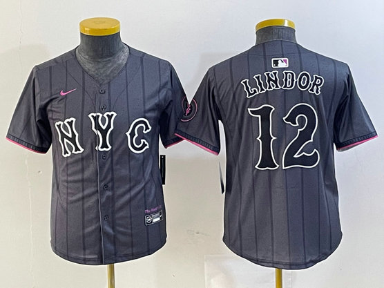 Youth New York Mets #12 Francisco Lindor Graphite 2024 City Connect Limited Stitched Baseball Jersey 9